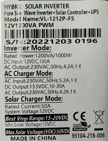 1.2KVA, PWM - 12V Solar Pure Sinewave Hybrid Inverter with Solar Controller & UPS
