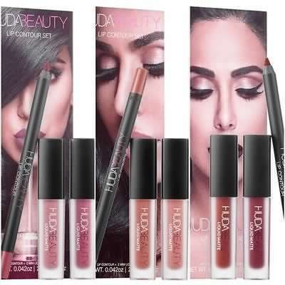 *NEW* HUDA CONTOUR KIT Lip Liner+2matte mini liquid Lipstick- VIXEN & FAMOUS