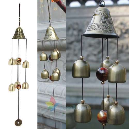 Copper 5 Bells 65CM Pentagon Pavilion Coin Good luck Drawing Home Yard Garden Feng Shui Wind Chimes