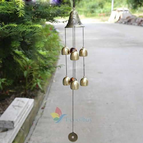 Copper 5 Bells 65CM Pentagon Pavilion Coin Good luck Drawing Home Yard Garden Feng Shui Wind Chimes