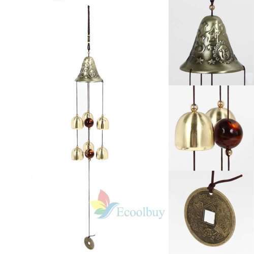 Copper 5 Bells 65CM Pentagon Pavilion Coin Good luck Drawing Home Yard Garden Feng Shui Wind Chimes