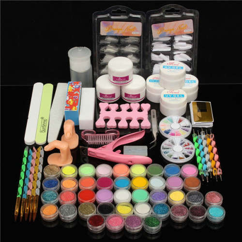 42 Colors Nail Art Set Manicure Kit Gel Polish Acrylic Glitter Powder File Tips