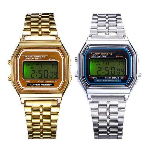 RETRO vintage style Mens Stainless Steel LED Digital Alarm Sport Stopwatch Wrist Watch