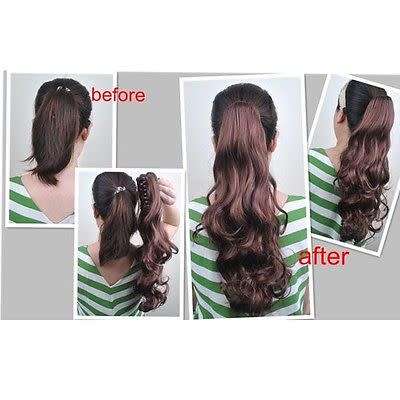 PONYTAIL CLAW CLIP HAIR EXTENSION/PIECE WAVY CURLS 22INCH BLACK &BROWNS