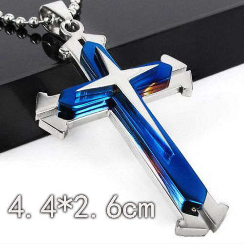 Stainless Steel 3D Cross Pendant Necklace Chain Jewelry Gift / Fathers day-SILVER&BLUE
