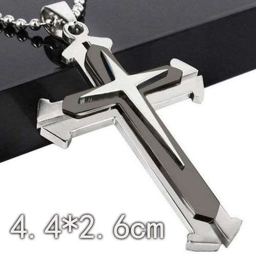 Stainless Steel 3D Cross Pendant Necklace Chain Jewelry Gift / Fathers day-SILVER&BLACK