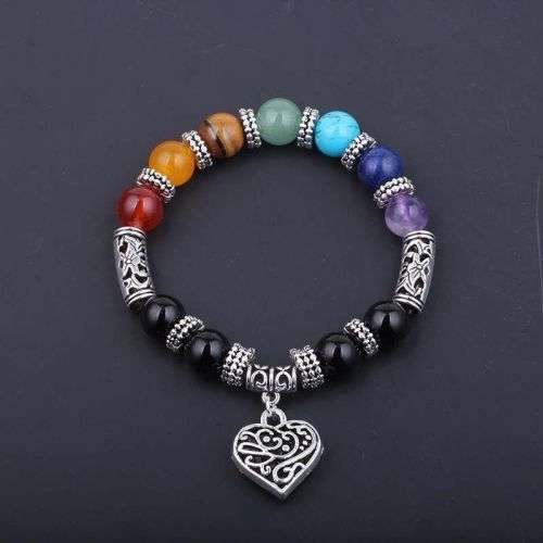 7 Chakra Gemstone Reiki Healing Bracelet + Heart Charm
