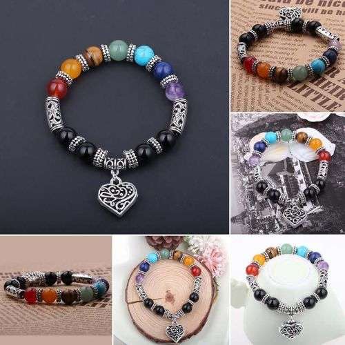 7 Chakra Gemstone Reiki Healing Bracelet + Heart Charm