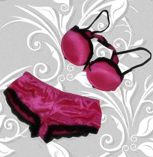 Pink Satin Bra and Boyleg Panty with Black Lace detail - Price reduced!!!!