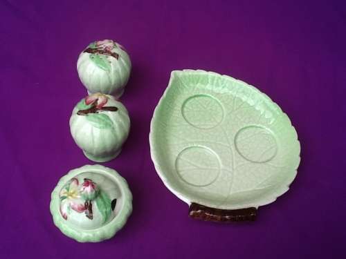 A Carltonware Salt, Pepper and Mustard Set in Green with Stand.