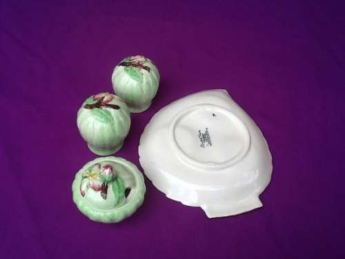 A Carltonware Salt, Pepper and Mustard Set in Green with Stand.