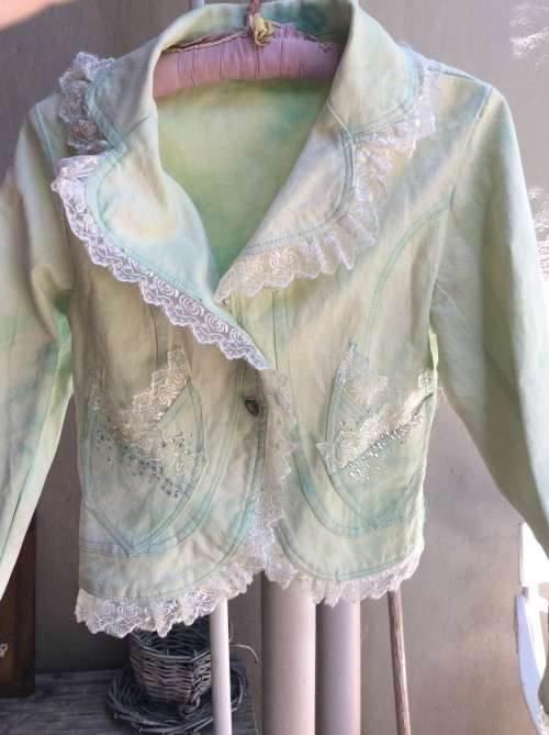 A Little New Green Denim Jacket,  Label :  Meng Sha, Large.