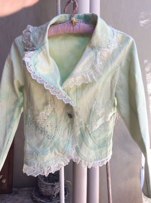 A Little New Green Denim Jacket,  Label :  Meng Sha, Large.