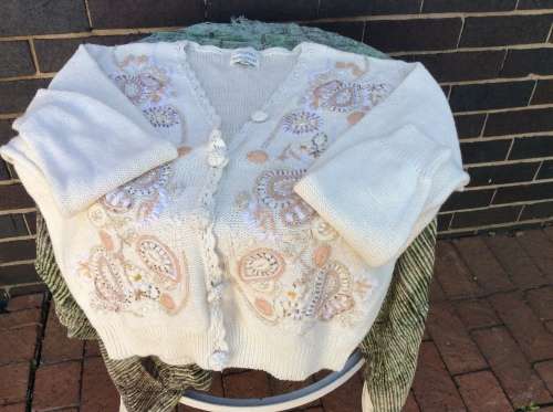 A Vintage Knitted Cardigan with Lovely Detail, in Cream White. Make  Equador,  Size Large.,