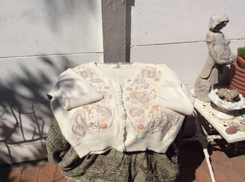 A Vintage Knitted Cardigan with Lovely Detail, in Cream White. Make  Equador,  Size Large.,