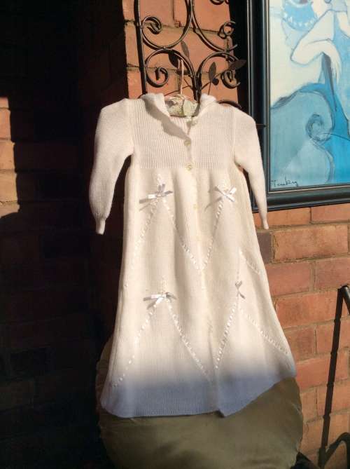 A NEW Long Knitted White Gown for A Baby.  Made in Portugal.