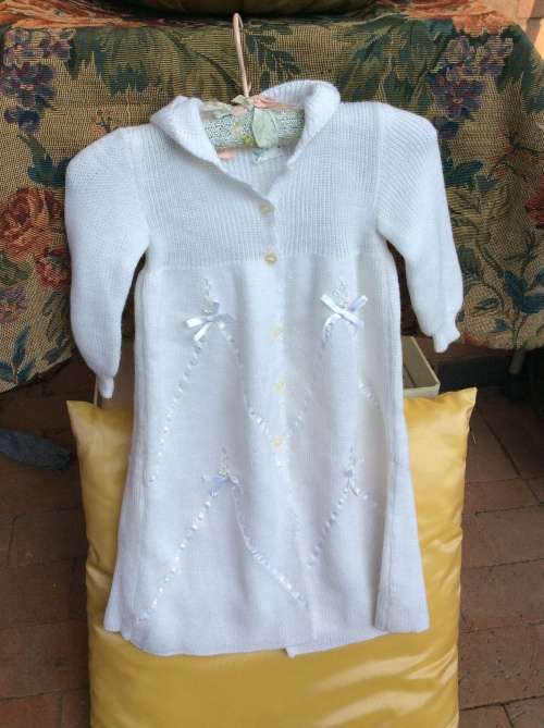 A NEW Long Knitted White Gown for A Baby.  Made in Portugal.