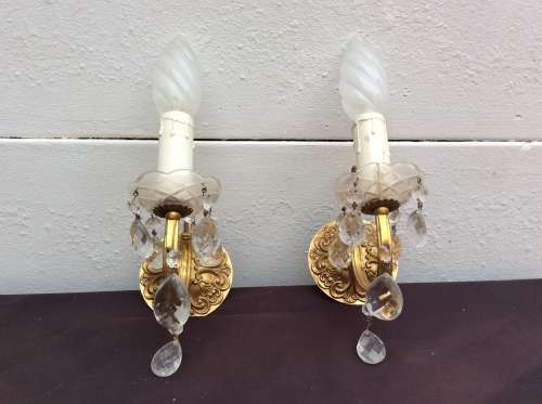A Lovely Pair of Brass and Crystal Wall Lights.
