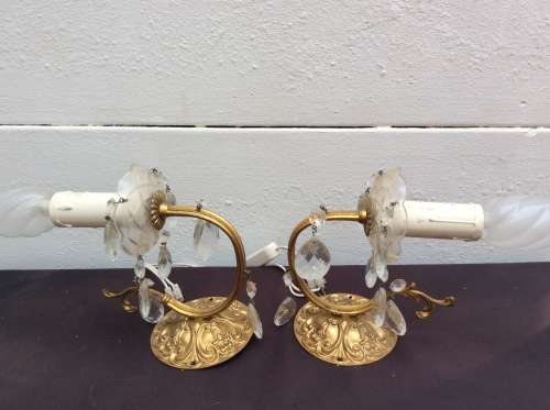 A Lovely Pair of Brass and Crystal Wall Lights.