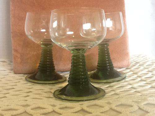 Three Vintage Glasses with Green Shanks.