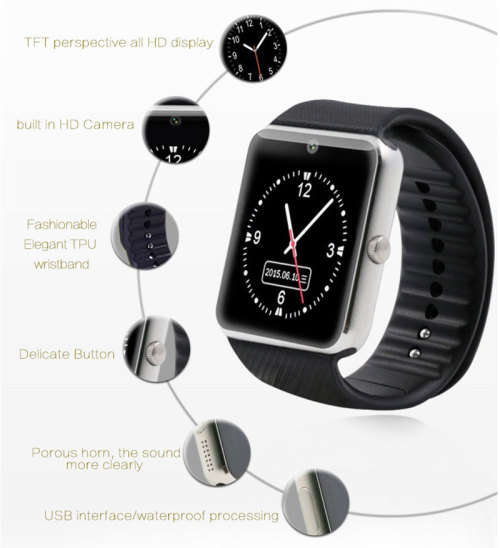 GT08 smartwatch with SIM slot, camera, pedometer, step motion and many other features
