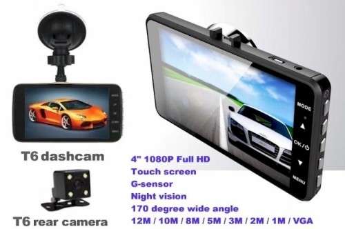 T6 1080p HD dashcam with front and rear cameras, 32GB memory card included