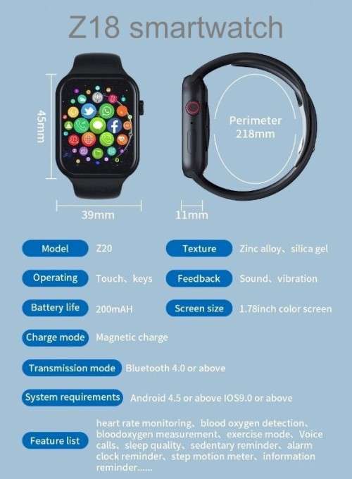 Z18 smartwatch with health and sports features