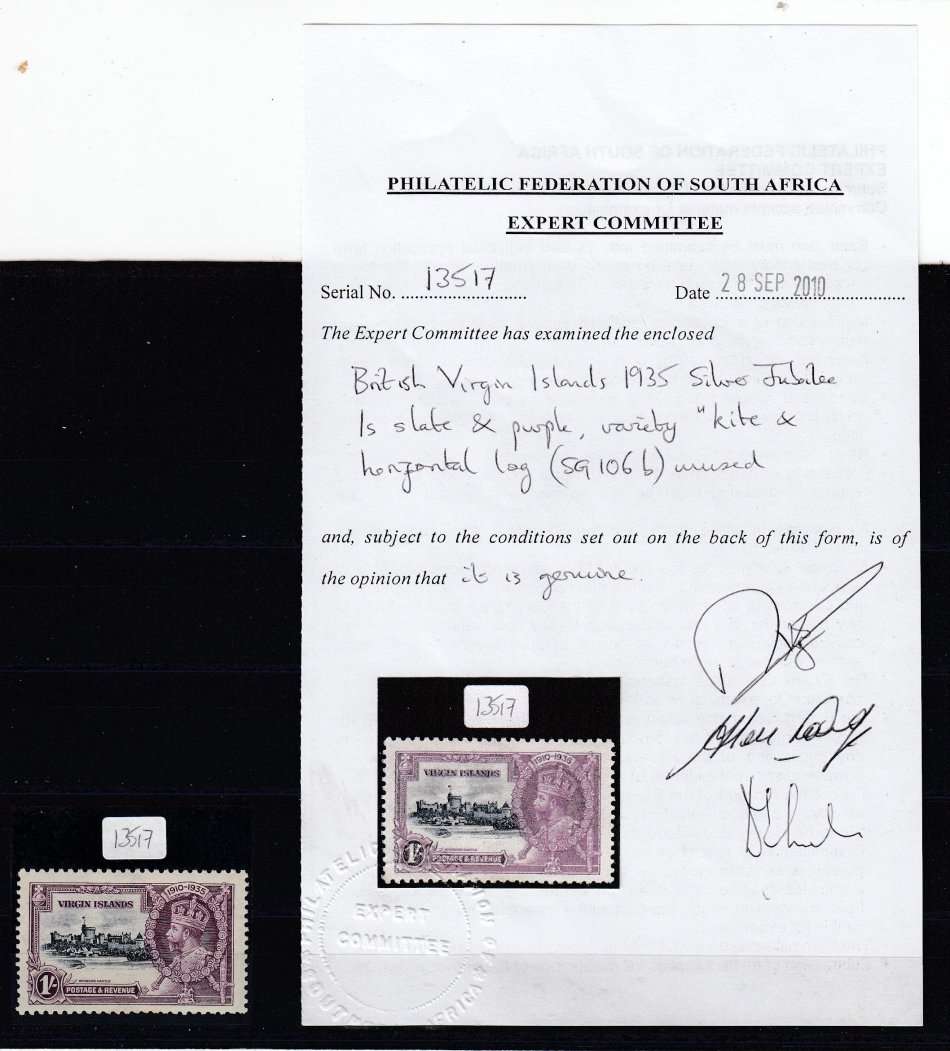 VIRGIN ISL.VERY SCARCE SG106L " KITE AND HORIZONTAL LOG "  WITH CERTIFICATE 400 POUNDS SEE BELOW