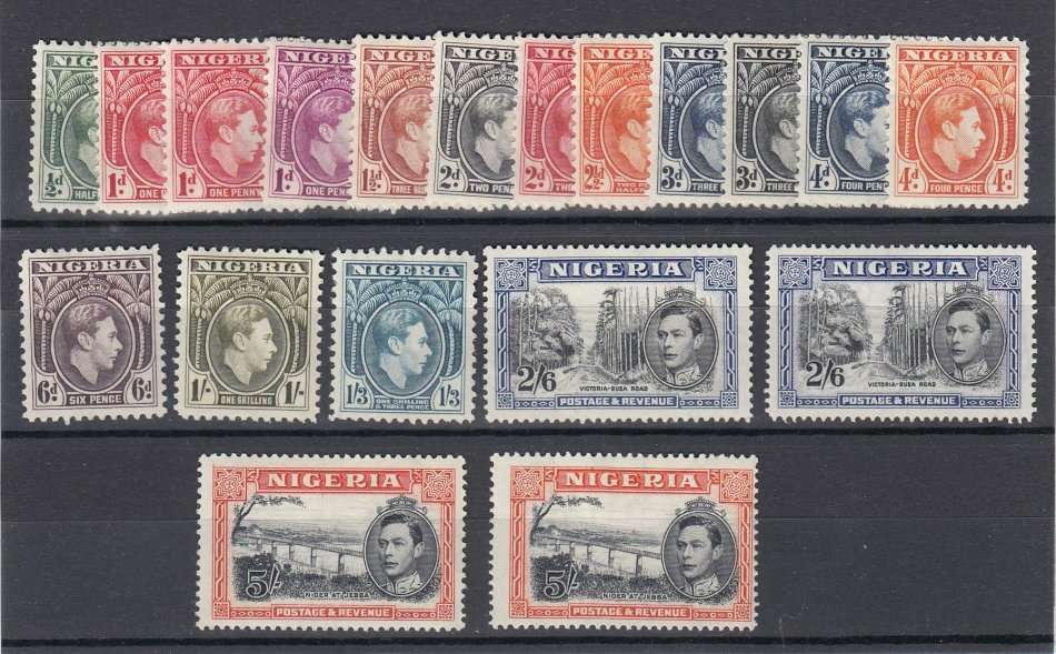 NIGERIA-KGVI SET WITH SCARCE  PLUS SCARCE 4d ORANGE- PERF/SHADE CHANGES-HINGE REM.  89 POUNDS