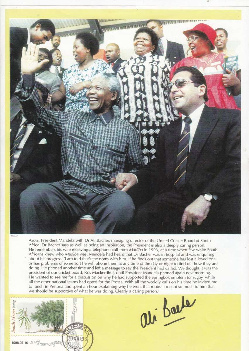 VERY SCARCE A4 SIZE POSTER OF MANDELA AND ALI BACHER -SIGNATURE OF ALI BACHER IS GENUINE-SEE BELOW