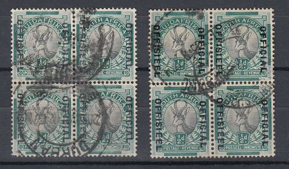 UNION-1/2d TWO VFU BLOCKS-LEFT POOR OVERPRINTS !!!   R440.00 +++