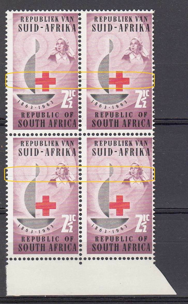 SA-SUPERB UNMOUNTED MINT 2.5c BLOCK SHOWING TWO LINE FLAWS SEE SCAN