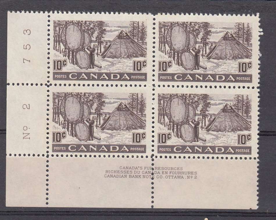 CANADA-1950 10c IMPRINT BLOCK-FINE MINT-LIGHT HINGE REM.LIGHT GUM TONING