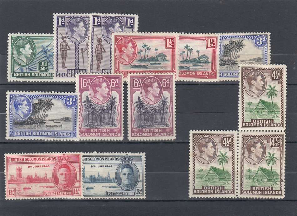 SOLOMON ISL.KGVI FINE MINT LOT 4.5d MULTIPLE ODD TONING-REST FINE