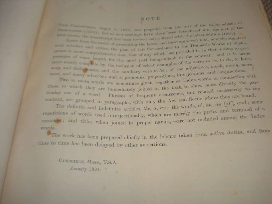 RARE FIND " CONCORDANCE OF SHAKESPEARE BARTLETT "  1910 PAGE MONSTER BOOK PUBLISHED 1913 !!!