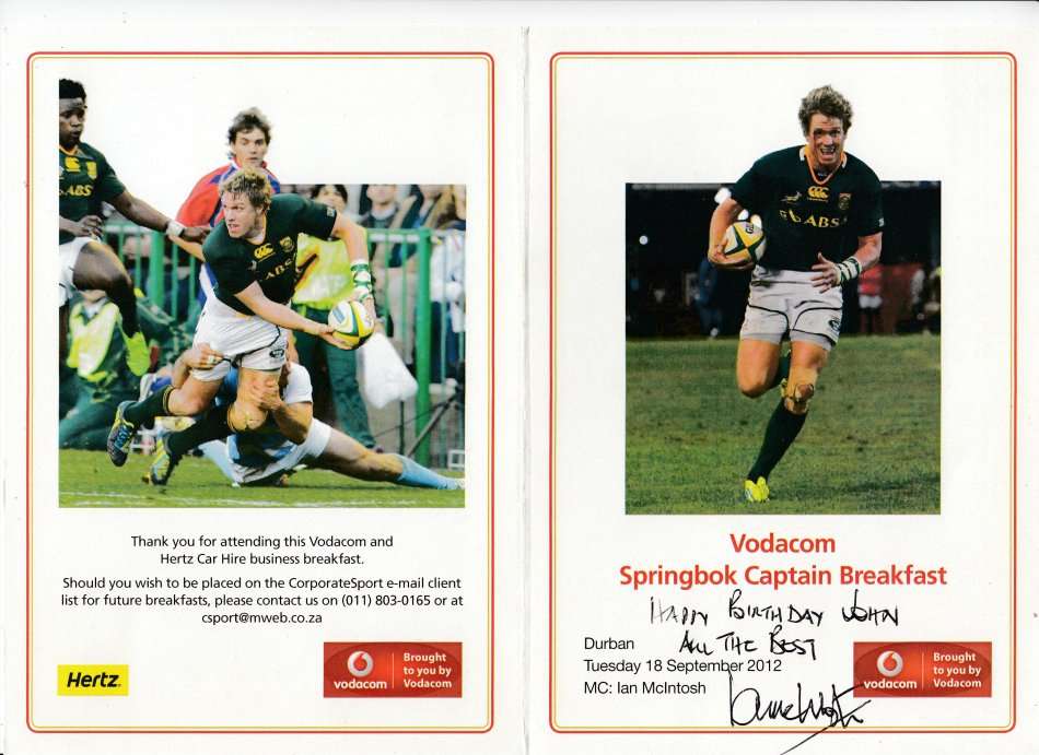SCARCE RUGBY INVITE TO JEAN DE VILLIERS BREAKFAST SIGNED BY IAN McINTOSH !!