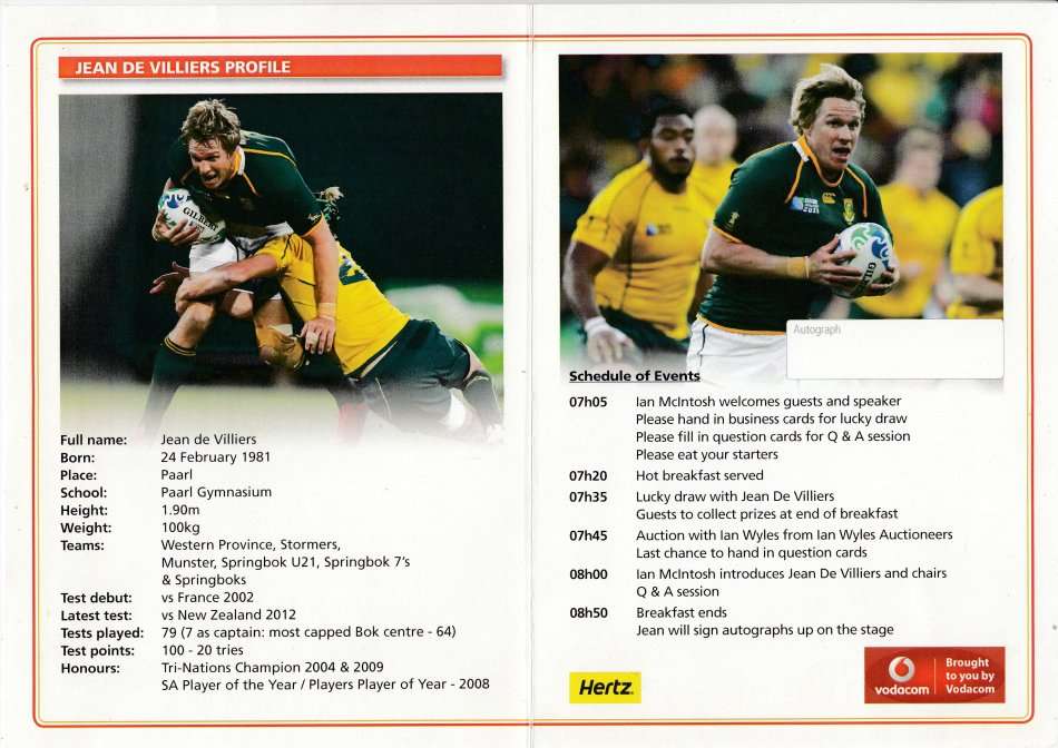 SCARCE RUGBY INVITE TO JEAN DE VILLIERS BREAKFAST SIGNED BY IAN McINTOSH !!