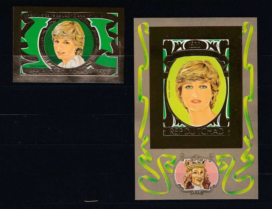 LADY DI- RARE ! CHAD  "GOLD " SINGLE + M/SHEET IMPERF !!!  POST OFFICE FRESH