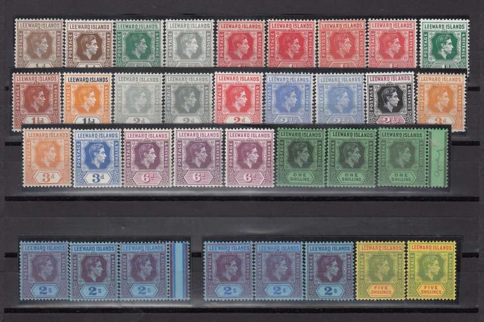 LEEWARD ISL.KGVI VERY SCARCE SHADES AND COLOUR CHANGES ALL VFM-  568 POUNDS ++