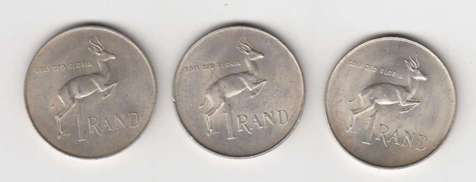 THREE LOVELY LARGE R1 SILVER COINS TWO 1966 + ONE 1967