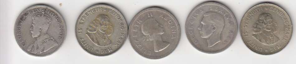 FIVE X SILVER TWO SHILLING COINS 1933,1952,1960,1962 + 1964