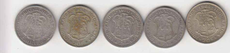 FIVE X SILVER TWO SHILLING COINS 1933,1952,1960,1962 + 1964