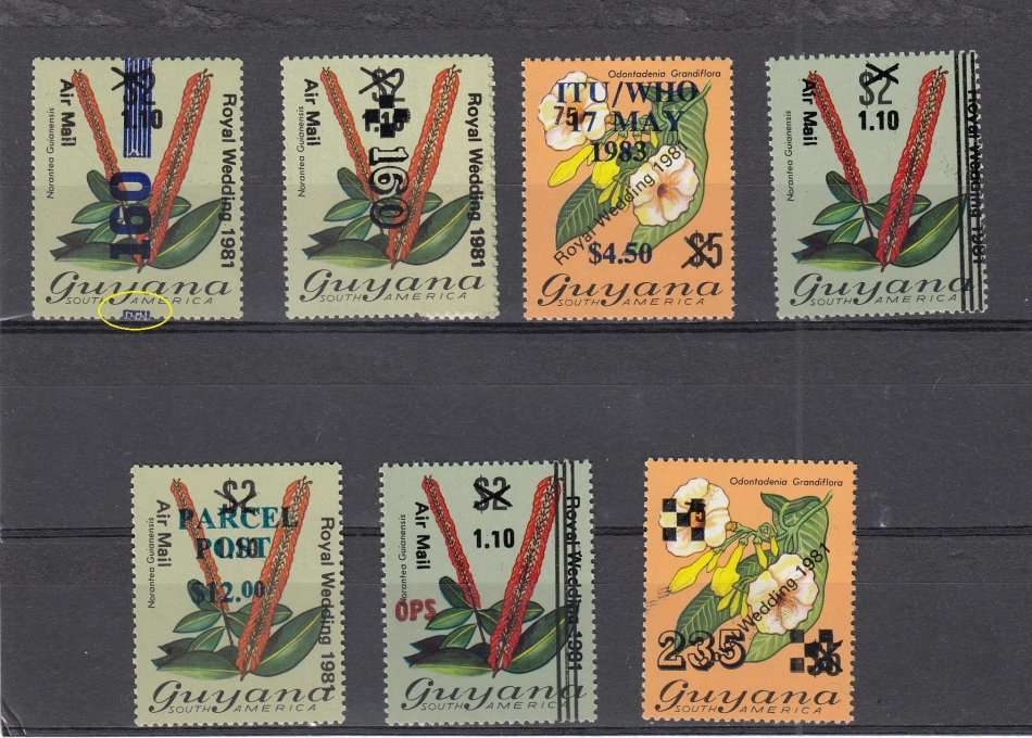 LADY DI- VERY SCARCE GUYANA OVERPRINTS PART DOUBLE + PAPER JOIN    POST OFFICE FRESH