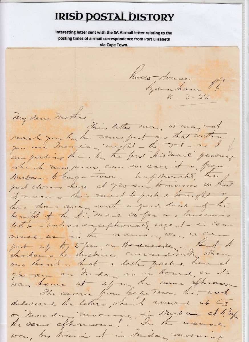 IRELAND-A RARE AIRMAIL COVER FROM SA TO BELFAST WITH VERY IMPORTANT LETTER !!! READ BELOW !!