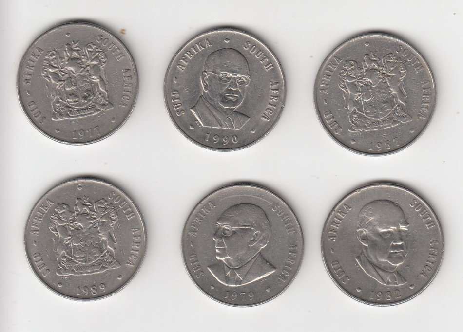 SIX NICE LARGE R1.00 COINS FROM 1977-1990-READ BELOW