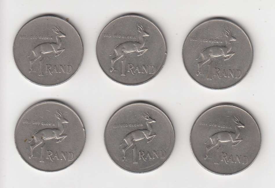 SIX NICE LARGE R1.00 COINS FROM 1977-1990-READ BELOW