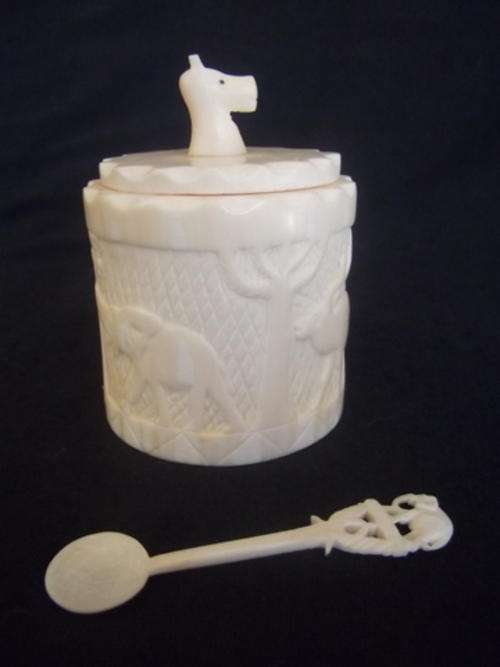 VINTAGE IVORY HOLDER AND AN IVORY MUSTARD SPOON - LOVELY AGED IVORY