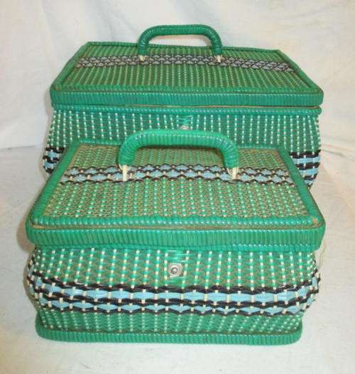 TWO GORGEOUS MATCHING VINTAGE NEEDLEWORK BASKETS