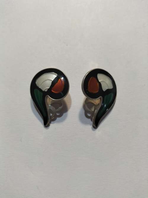 Enameled Mid Century Hallmarked Norway sterling silver clip on earrings