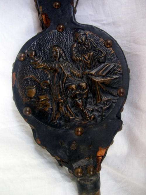 VERY OLD FIRE BELLOWS STILL BLOWS, BUT CAN HAVE A LITTLE PATCH HERE AND THERE